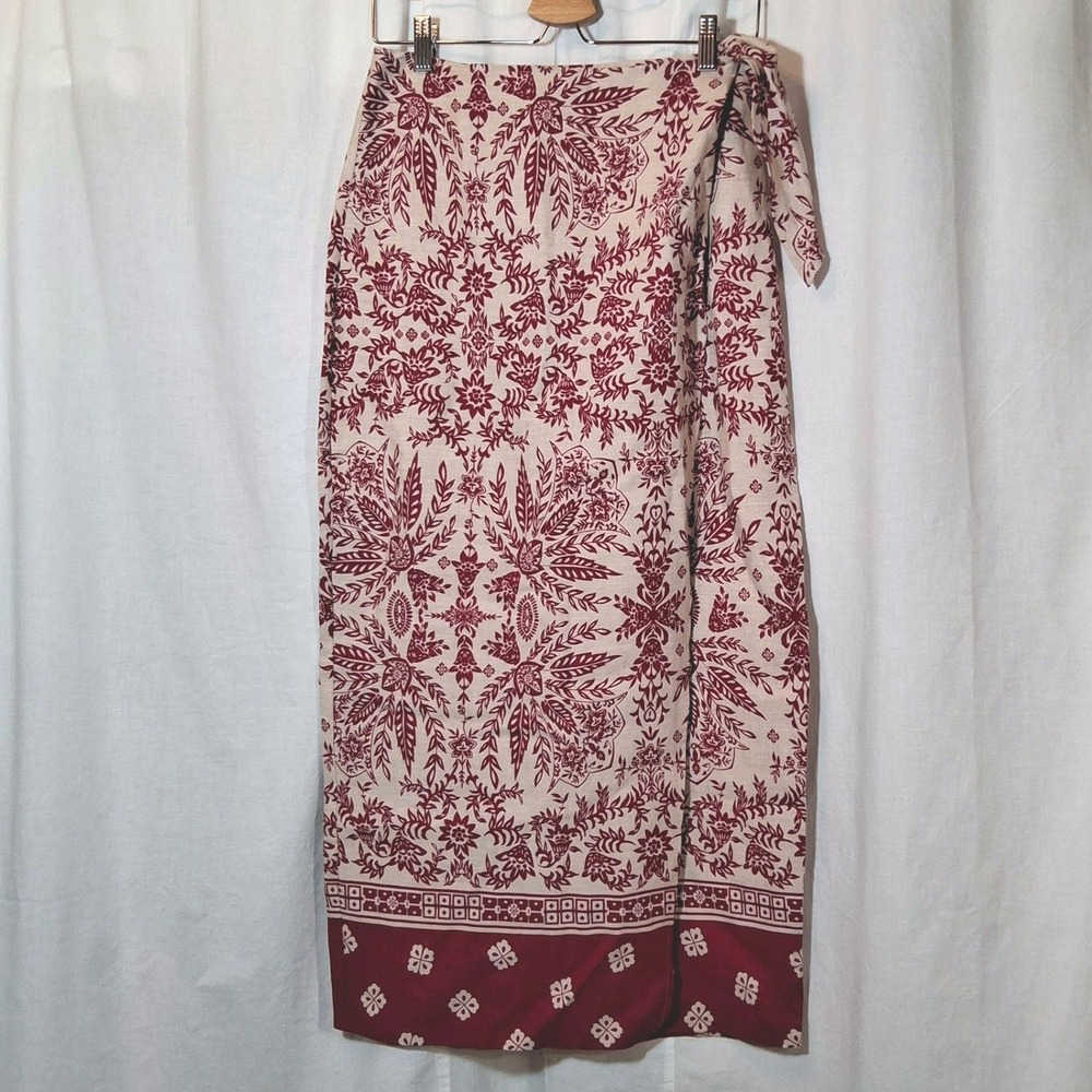 Madison Studio Wrap Skirt Womens 8 Burgundy NWT Linen Floral Batik Midi Maxi